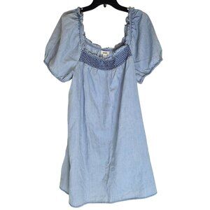 A.N.A Light Blue Denim-Look Smocked Square Neck Dress L